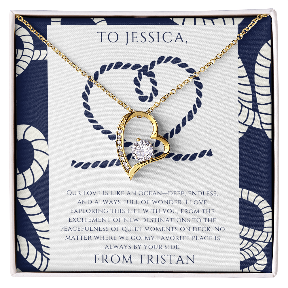 Personalized to Wife - Love is Like an Ocean - Nautical Heart Necklace (includes flower bouquet)