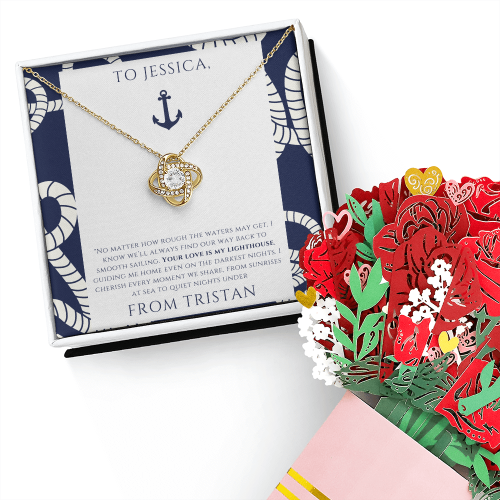 Personalized to Wife - Your Love is My Lighthouse - Nautical Heart Necklace (includes flower bouquet)