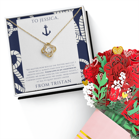 Personalized to Wife - Your Love is My Lighthouse - Nautical Heart Necklace (includes flower bouquet)