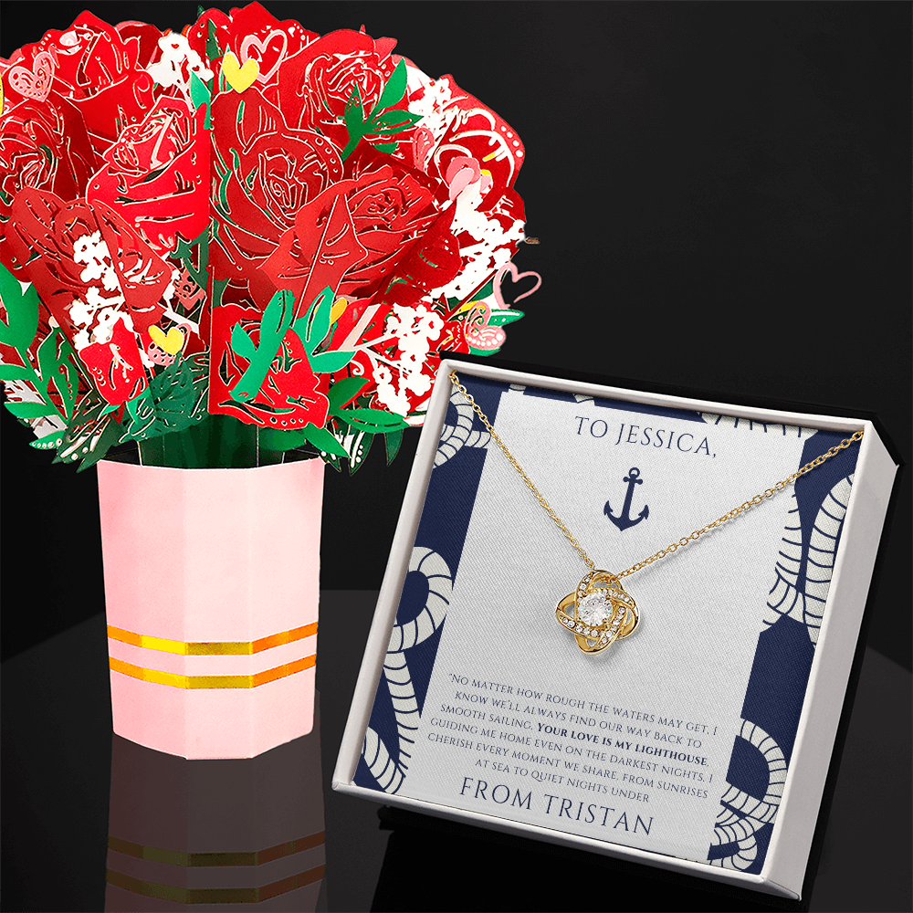 Personalized to Wife - Your Love is My Lighthouse - Nautical Heart Necklace (includes flower bouquet)