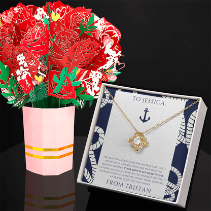 Personalized to Wife - Your Love is My Lighthouse - Nautical Heart Necklace (includes flower bouquet)