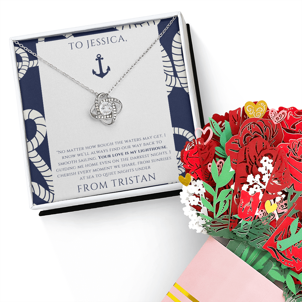 Personalized to Wife - Your Love is My Lighthouse - Nautical Heart Necklace (includes flower bouquet)