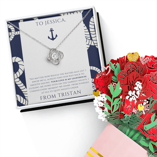 Personalized to Wife - Your Love is My Lighthouse - Nautical Heart Necklace (includes flower bouquet)