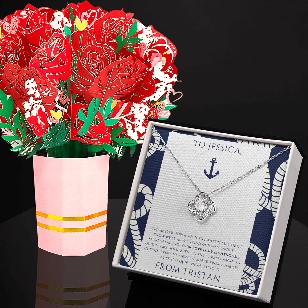 Personalized to Wife - Your Love is My Lighthouse - Nautical Heart Necklace (includes flower bouquet)