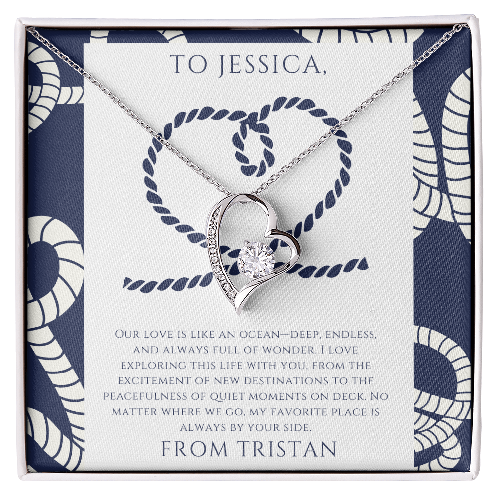 Personalized to Wife - Love is Like an Ocean - Nautical Heart Necklace (includes flower bouquet)