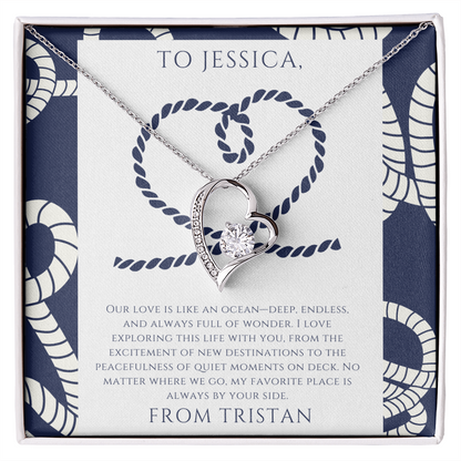 Personalized to Wife - Love is Like an Ocean - Nautical Heart Necklace (includes flower bouquet)