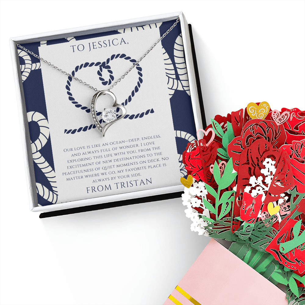 Personalized to Wife - Love is Like an Ocean - Nautical Heart Necklace (includes flower bouquet)