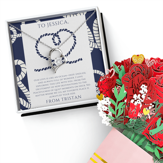 Personalized to Wife - Love is Like an Ocean - Nautical Heart Necklace (includes flower bouquet)