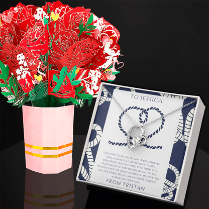 Personalized to Wife - Love is Like an Ocean - Nautical Heart Necklace (includes flower bouquet)