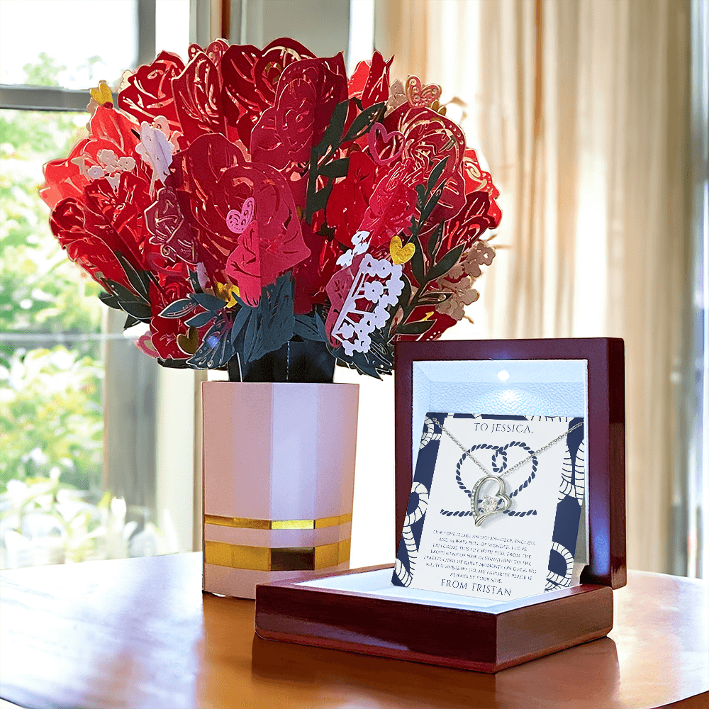 Personalized to Wife - Love is Like an Ocean - Nautical Heart Necklace (includes flower bouquet)