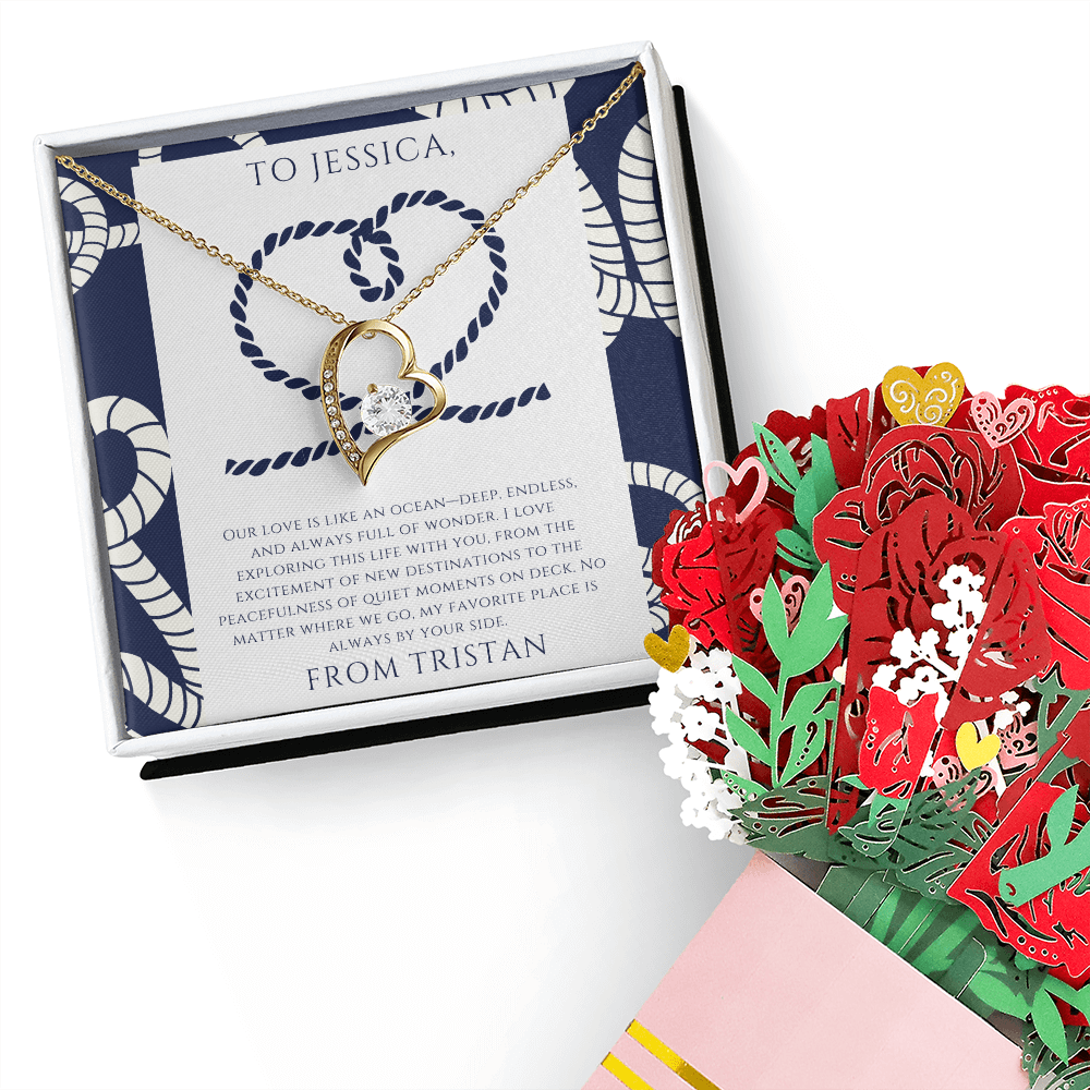 Personalized to Wife - Love is Like an Ocean - Nautical Heart Necklace (includes flower bouquet)
