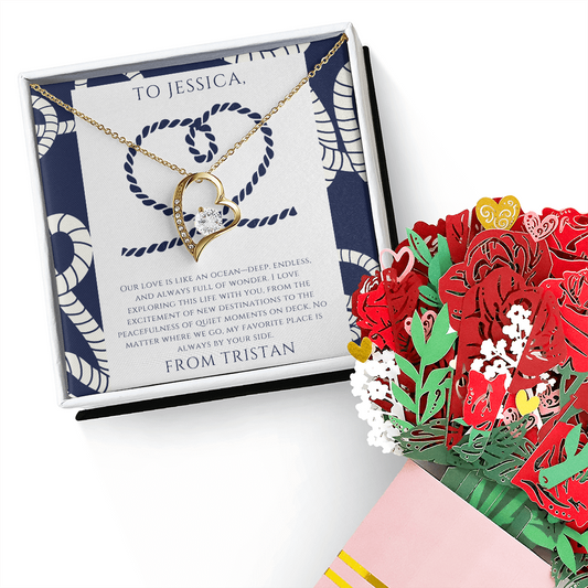 Personalized to Wife - Love is Like an Ocean - Nautical Heart Necklace (includes flower bouquet)