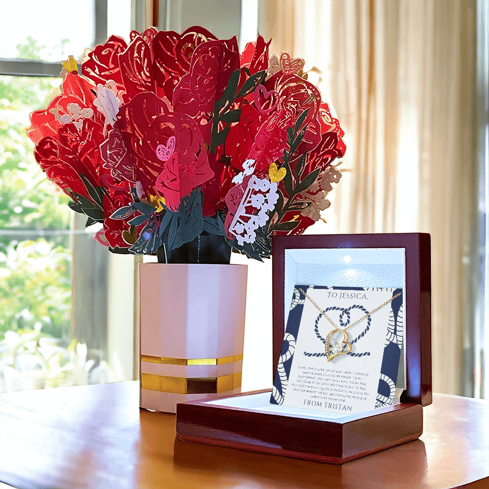Personalized to Wife - Love is Like an Ocean - Nautical Heart Necklace (includes flower bouquet)